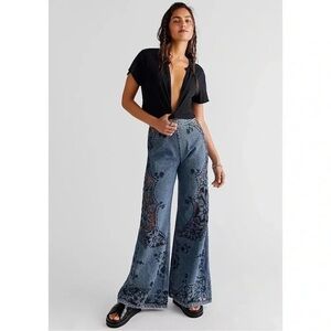 New Free People Heirloom Flare Jeans High Rise Wide Leg Crochet We The Free